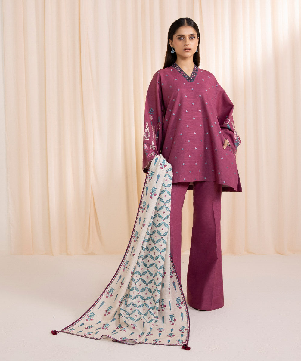 3 Piece - Embroidered Khaddar Suit