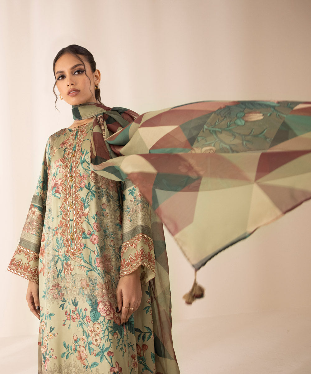 3 Piece - Printed Silk Suit