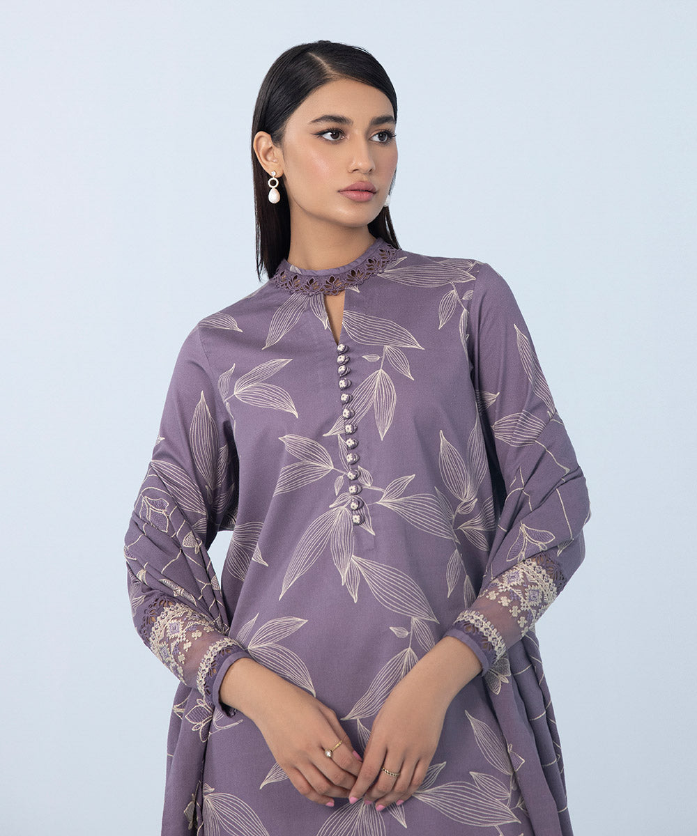 3 Piece - Embroidered Cotton Satin Suit