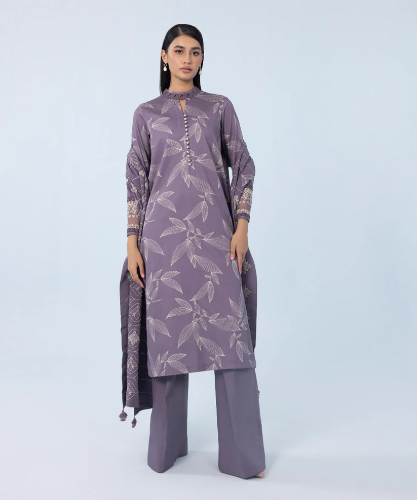 3 Piece - Embroidered Cotton Satin Suit