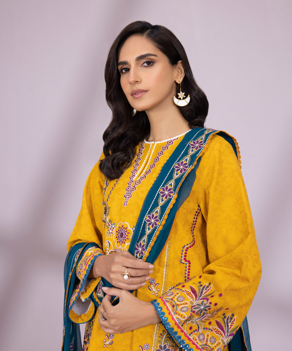 3 Piece - Embroidered Self Jacquard Suit
