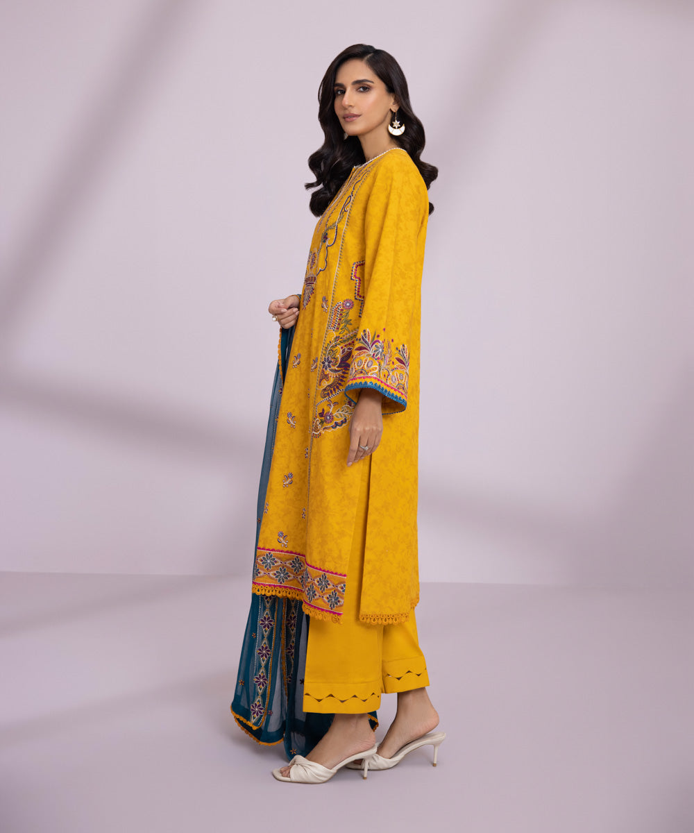 3 Piece - Embroidered Self Jacquard Suit