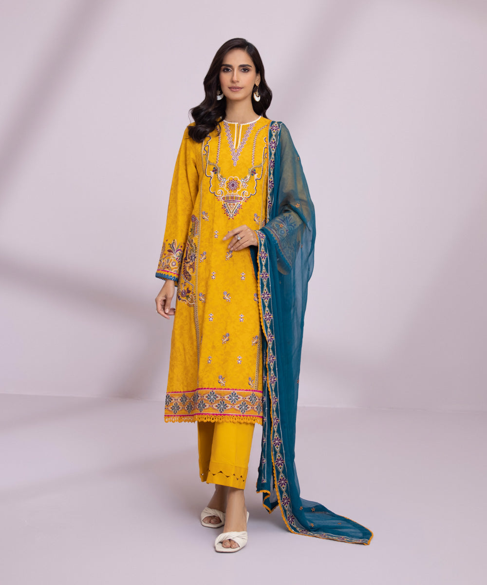 3 Piece - Embroidered Self Jacquard Suit
