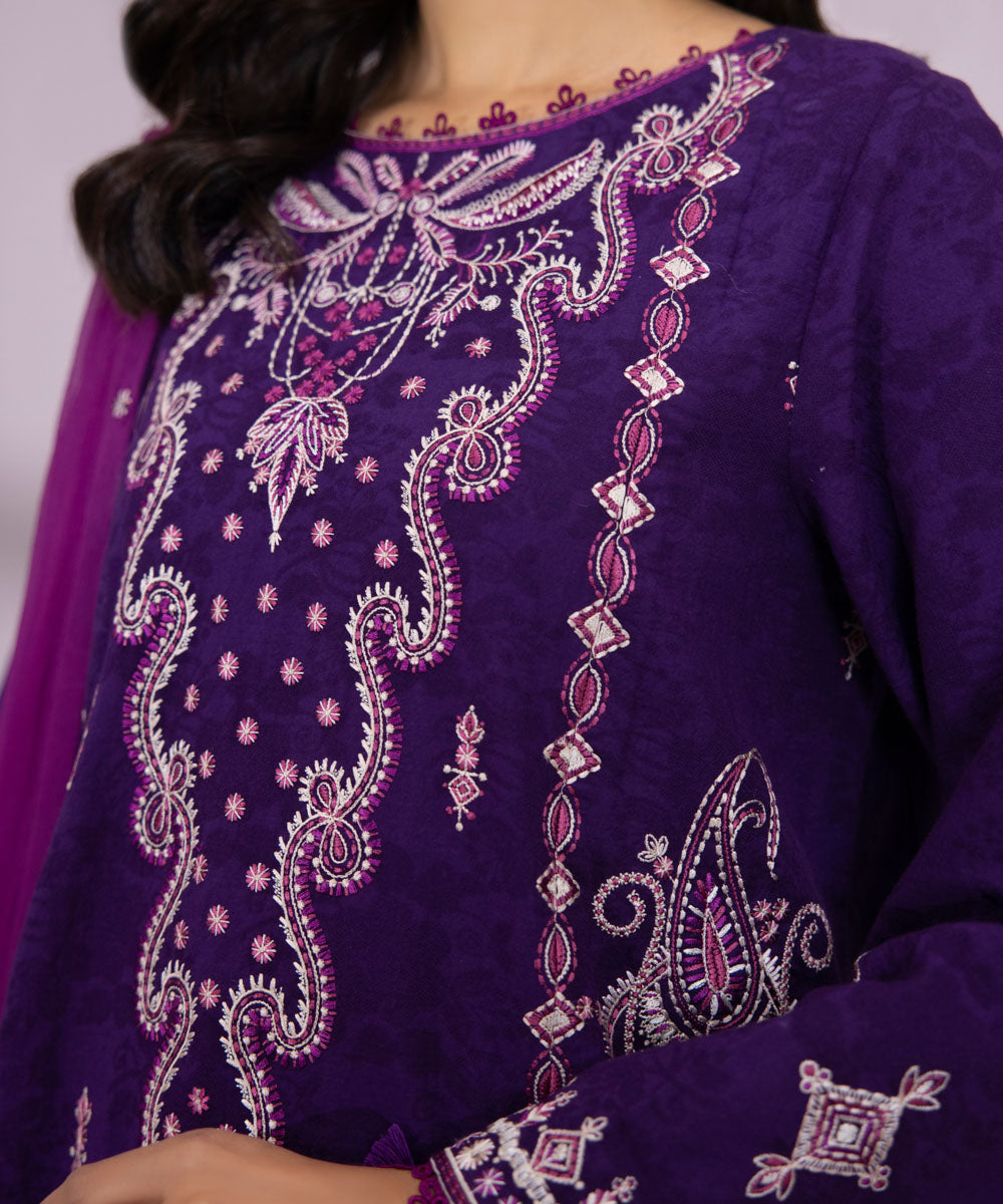 3 Piece - Embroidered Self Jacquard Suit