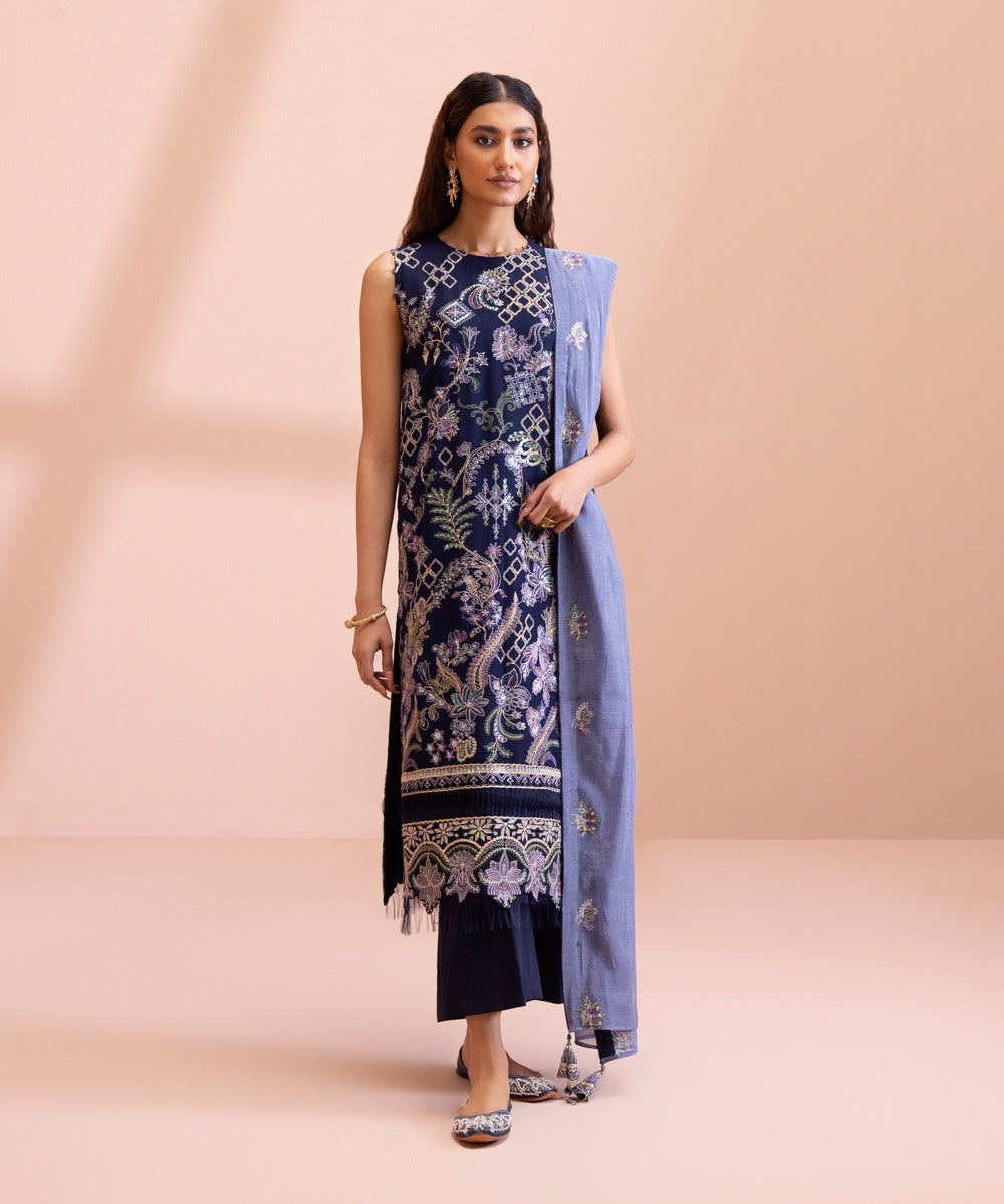 3 Piece - Dyed Embroidered Blended Khaddi Net Suit