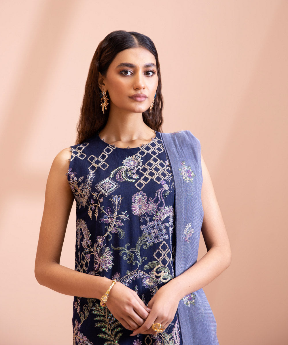 3 Piece - Dyed Embroidered Blended Khaddi Net Suit