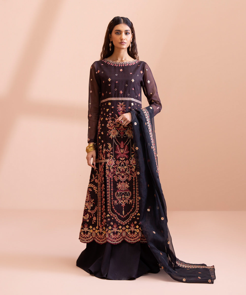 3 Piece - Embroidered Zari Line Organza Suit