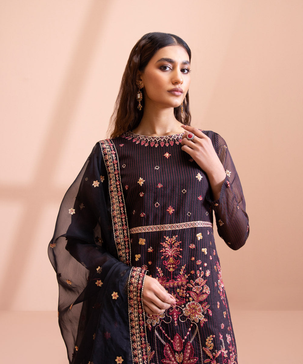 3 Piece - Embroidered Zari Line Organza Suit