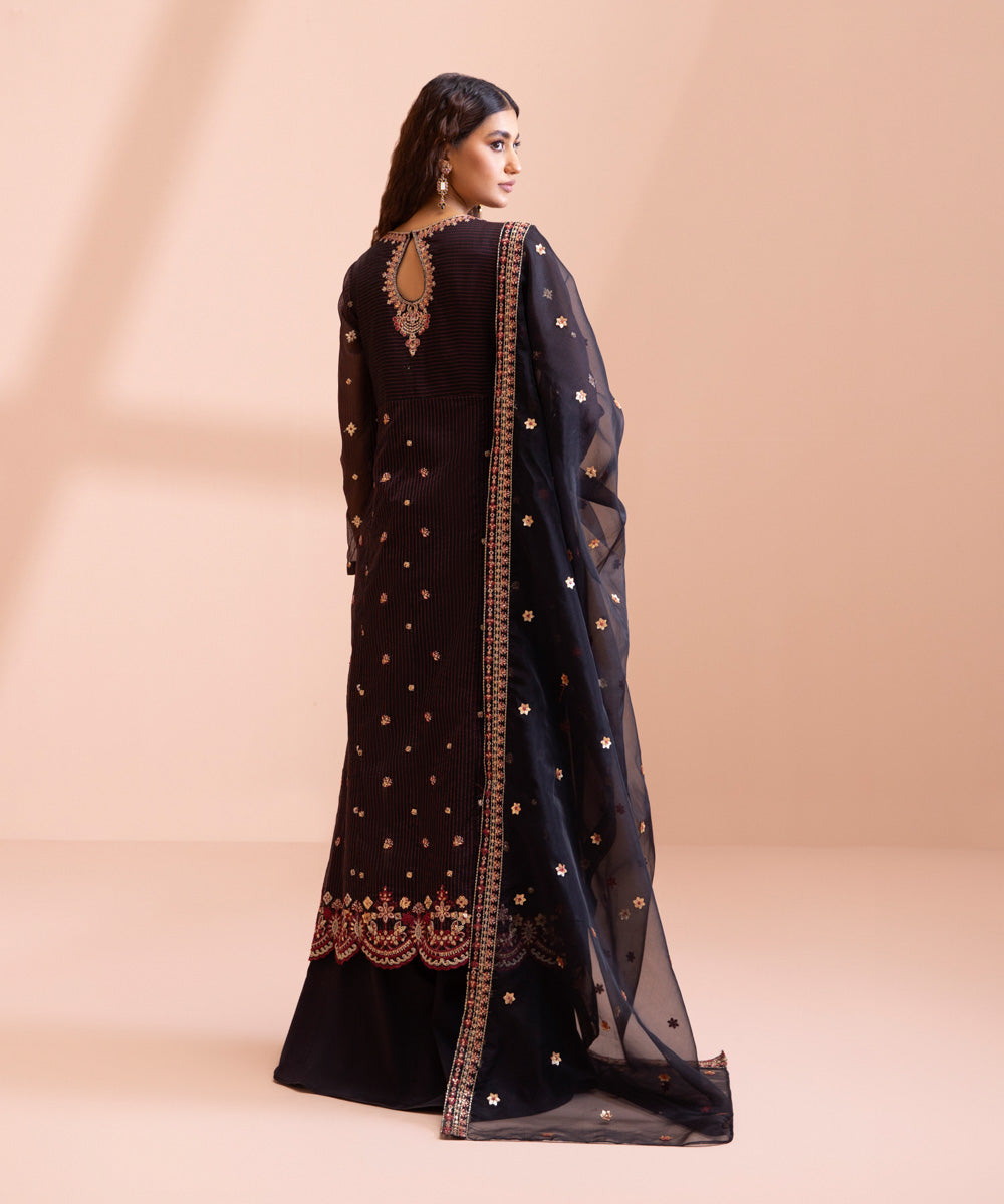 3 Piece - Embroidered Zari Line Organza Suit