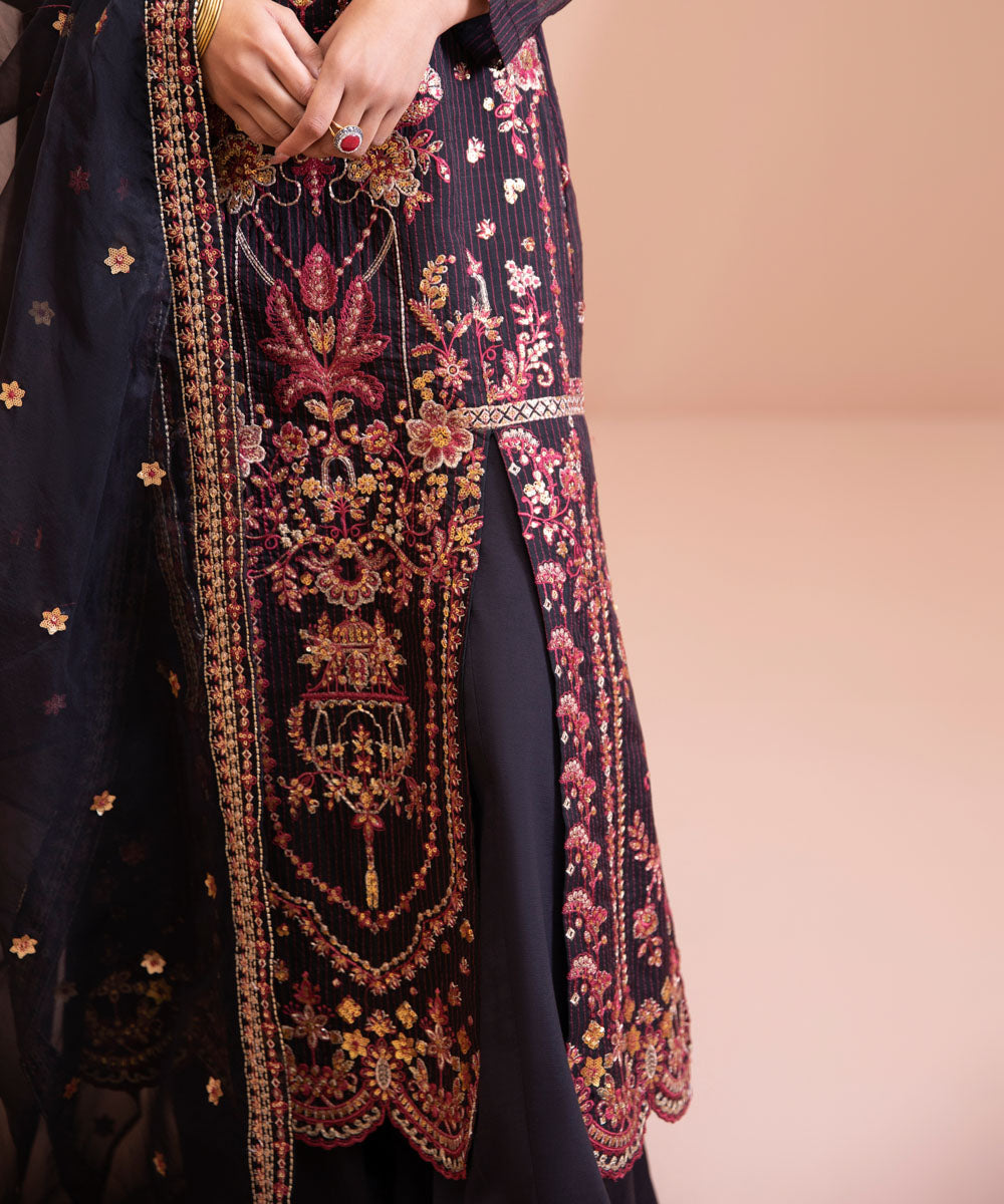 3 Piece - Embroidered Zari Line Organza Suit