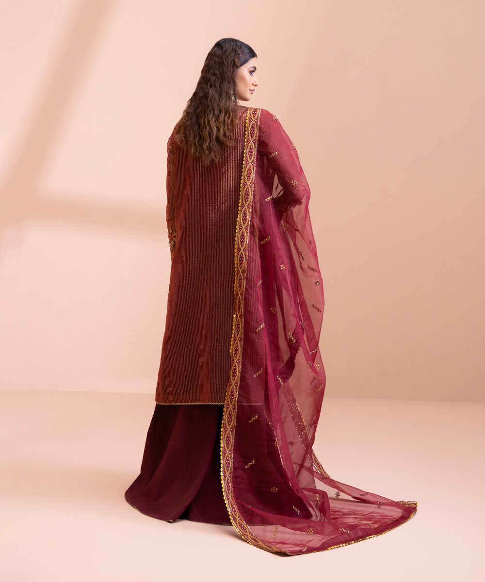 3 Piece - Dyed Embroidered Zari Line Organza Suit