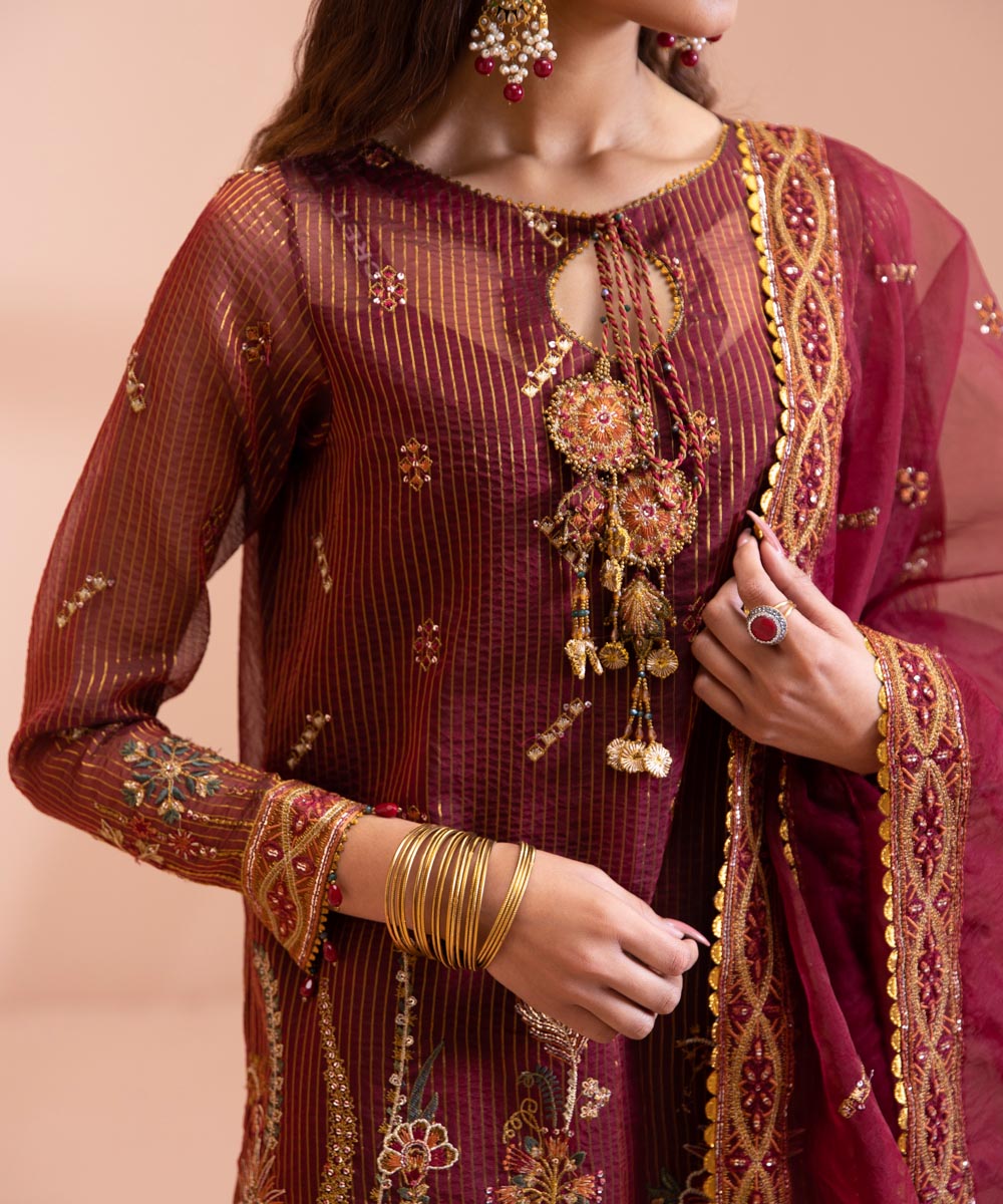 3 Piece - Dyed Embroidered Zari Line Organza Suit