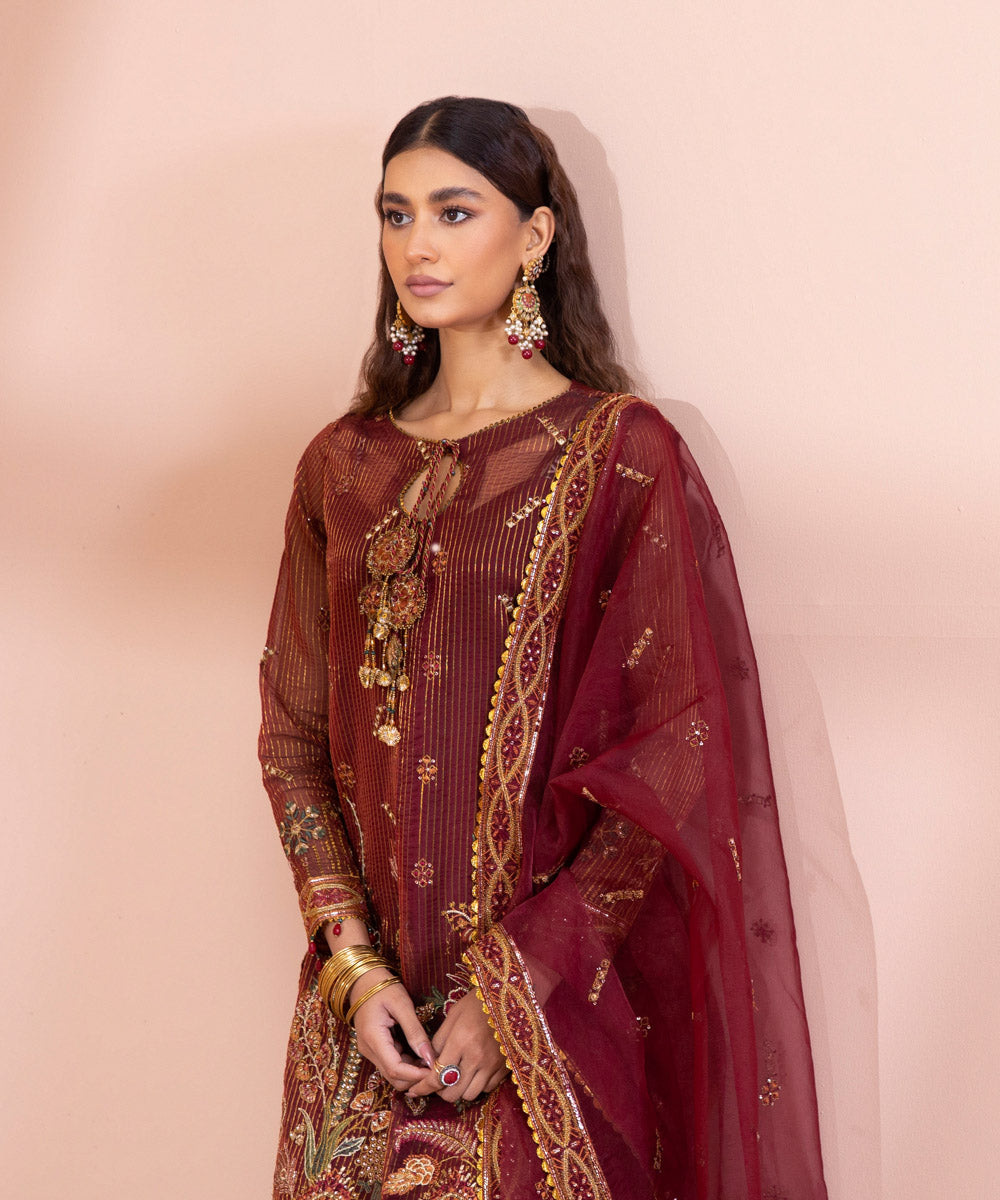 3 Piece - Dyed Embroidered Zari Line Organza Suit