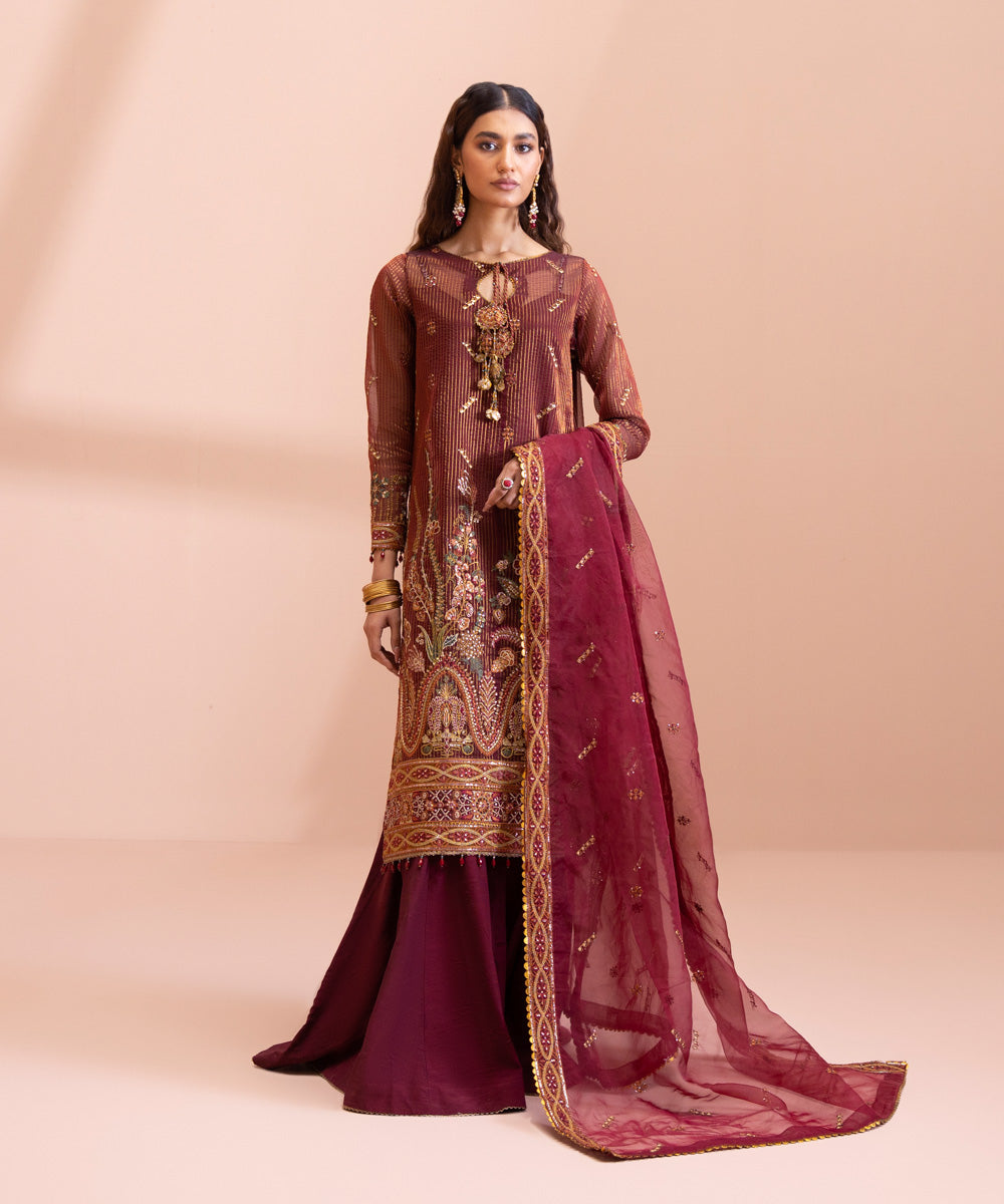 3 Piece - Dyed Embroidered Zari Line Organza Suit