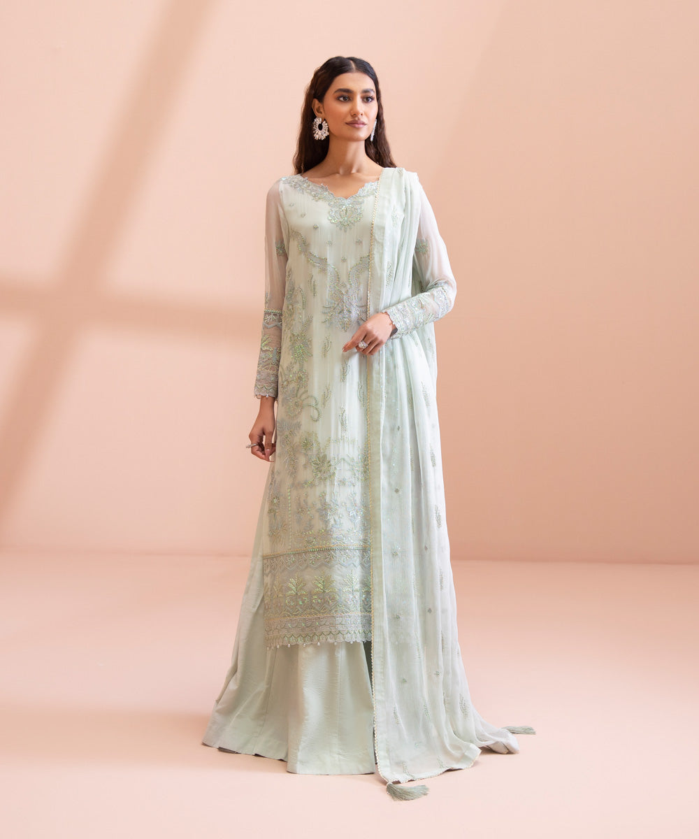 3 Piece - Dyed Embroidered Blended Chiffon Suit