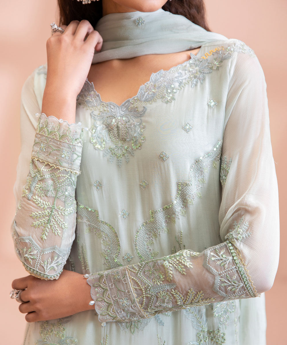 3 Piece - Dyed Embroidered Blended Chiffon Suit