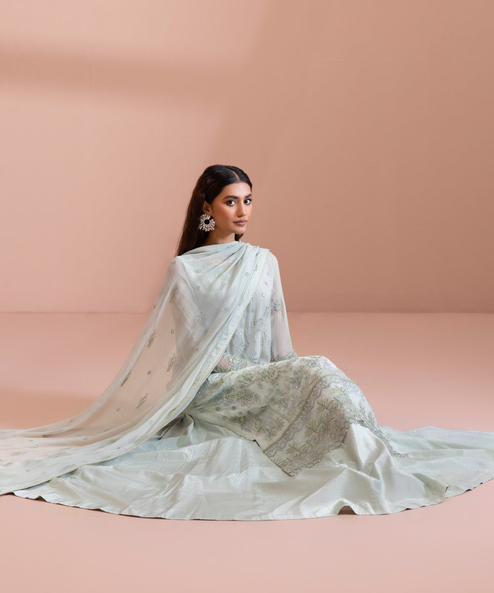 3 Piece - Dyed Embroidered Blended Chiffon Suit