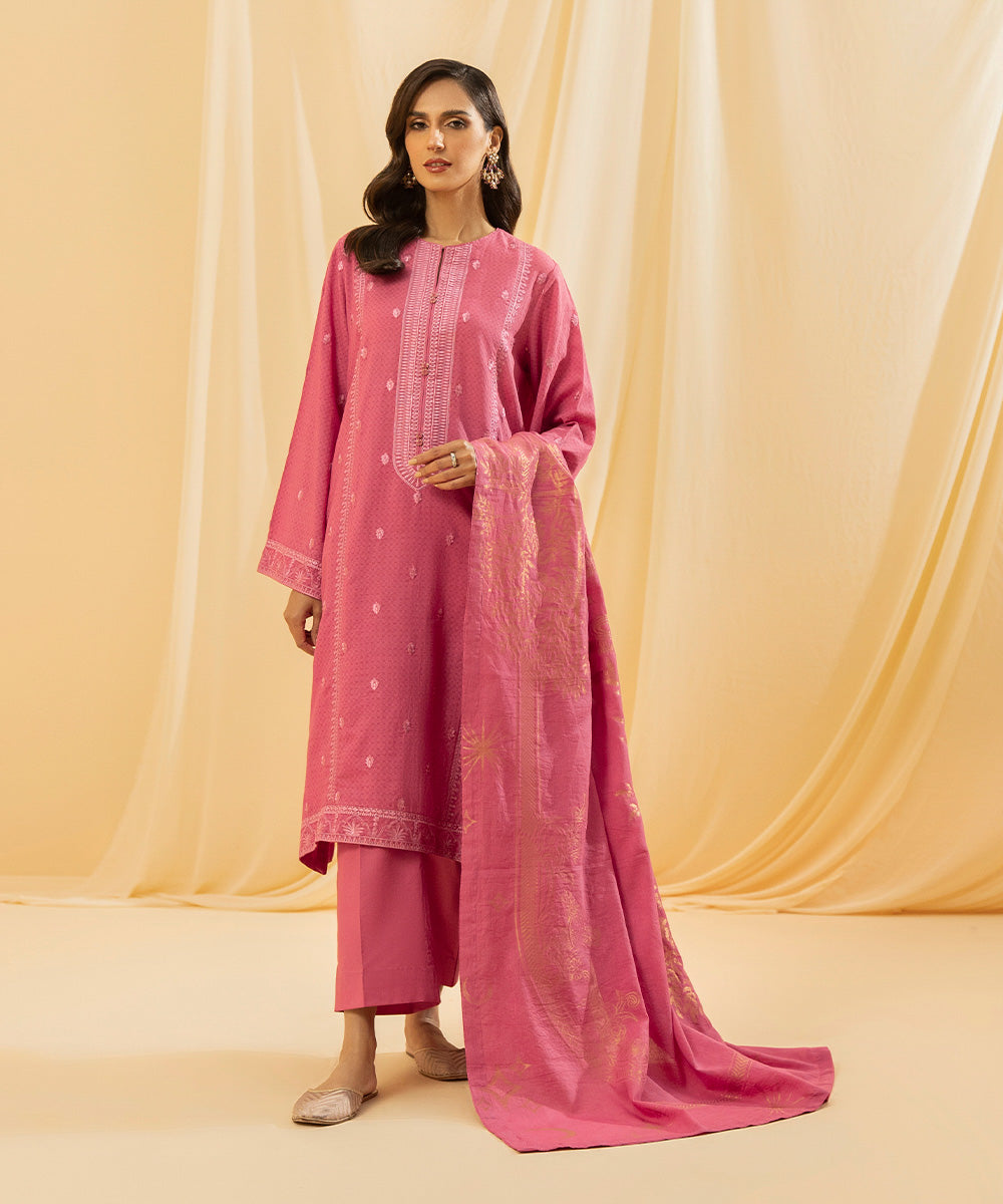 2 Piece - Dyed Embroidered Cotton Dobby Suit