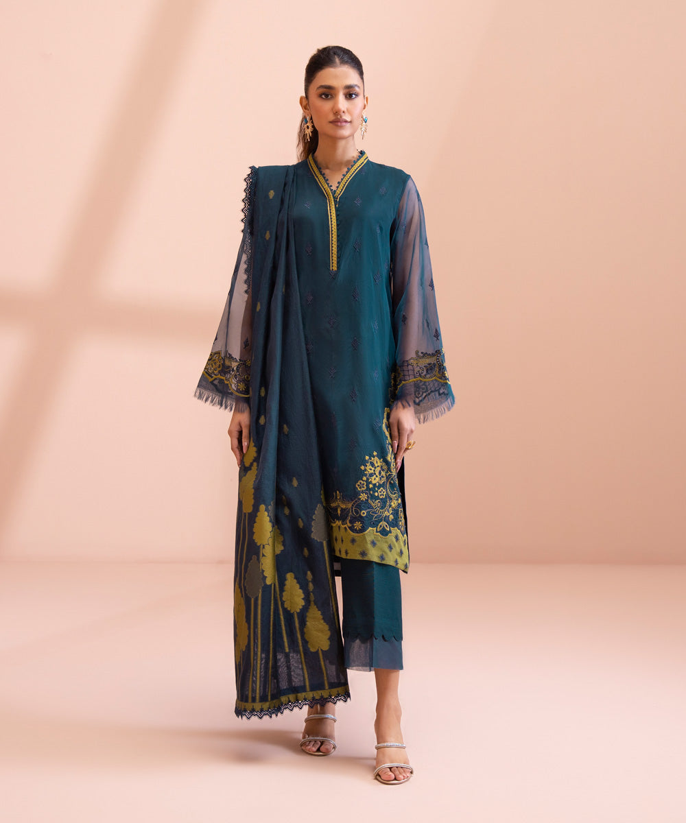 3 Piece - Dyed Embroidered Blended Organza Suit