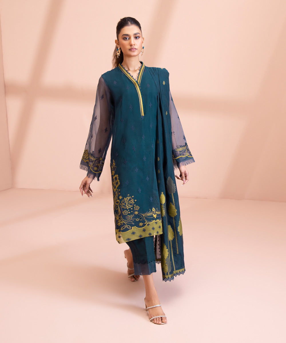 3 Piece - Dyed Embroidered Blended Organza Suit