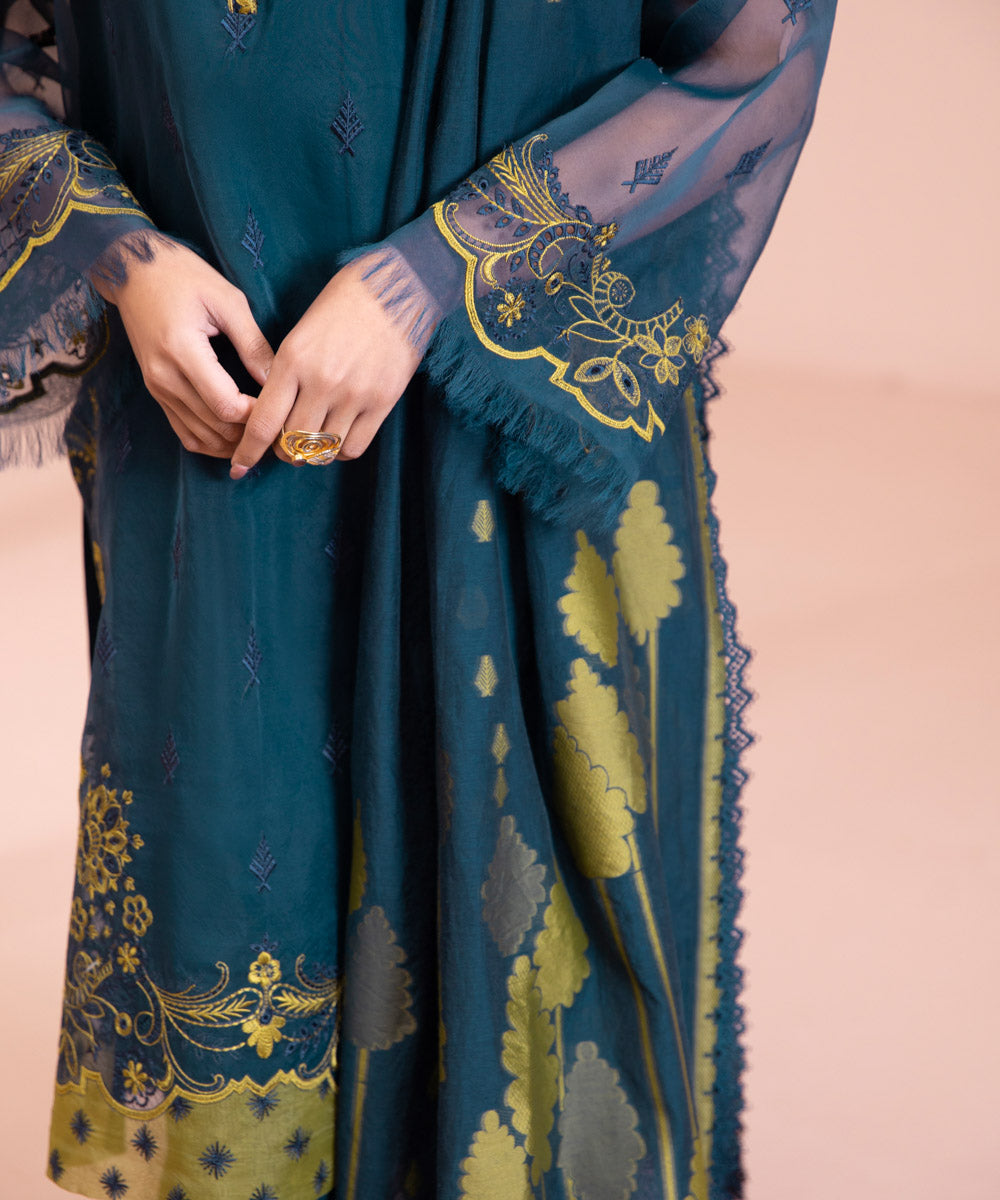 3 Piece - Dyed Embroidered Blended Organza Suit