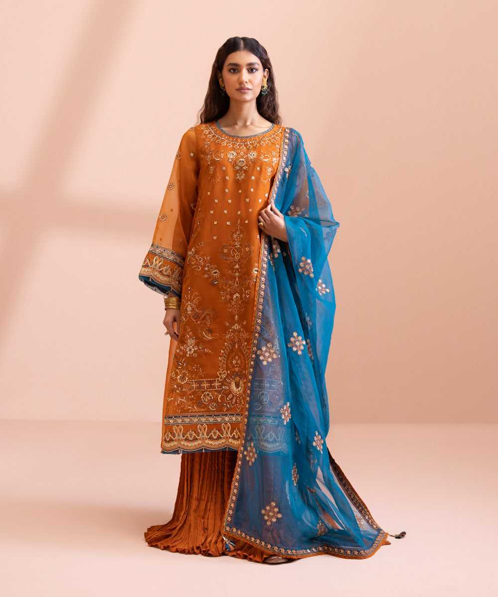 3 Piece - Dyed Embroidered Blended Organza Suit