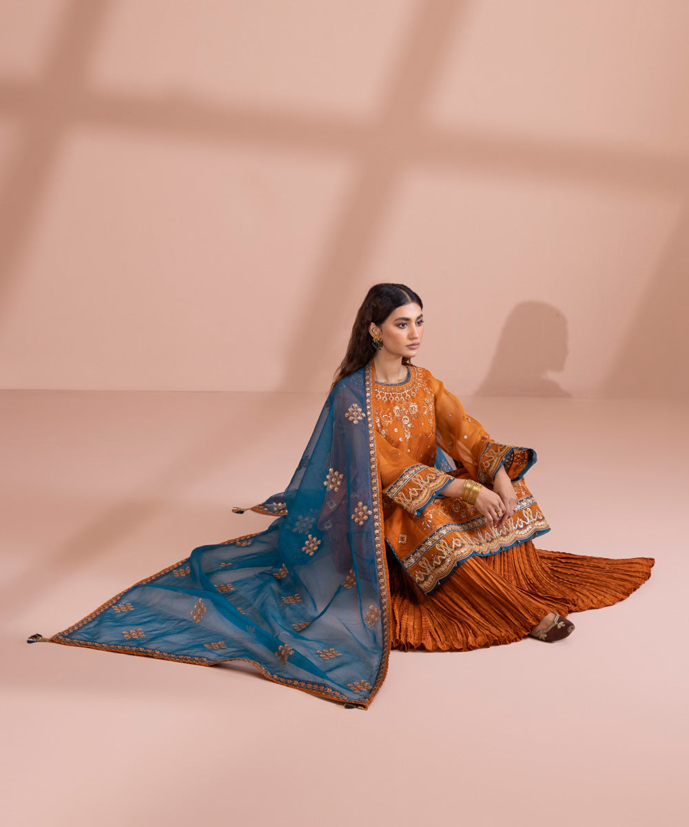 3 Piece - Dyed Embroidered Blended Organza Suit