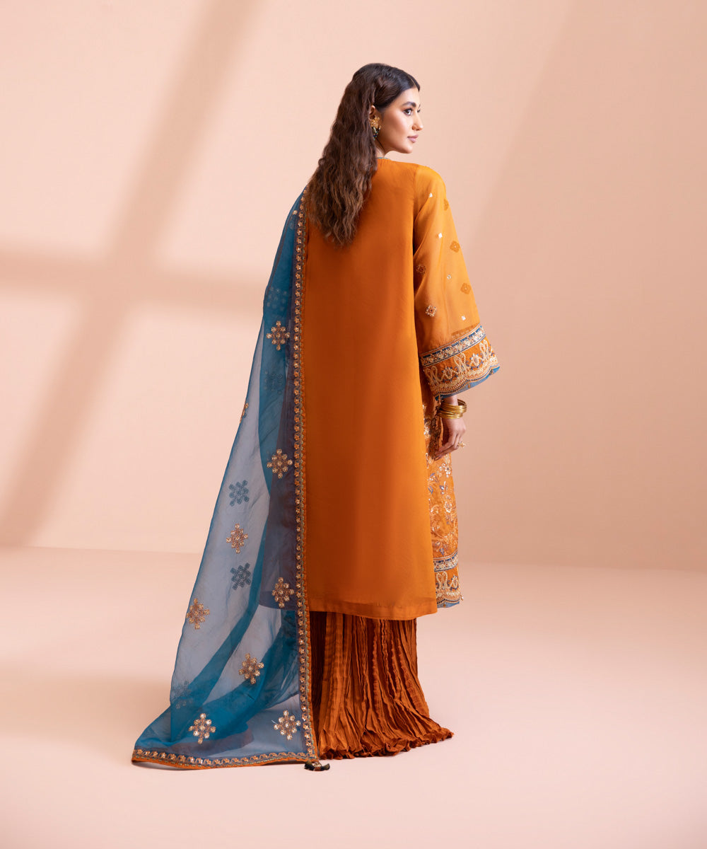 3 Piece - Dyed Embroidered Blended Organza Suit
