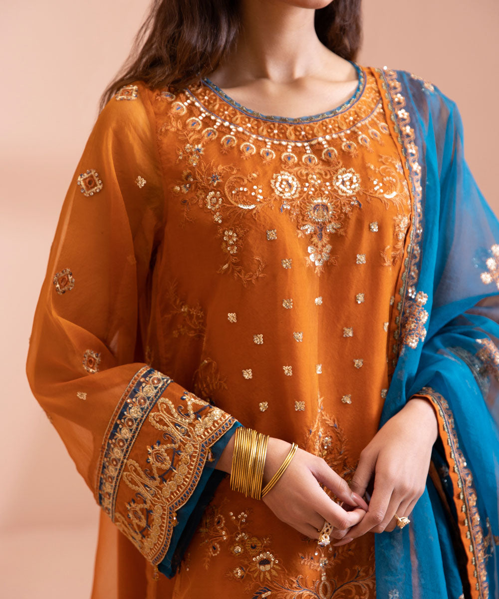 3 Piece - Dyed Embroidered Blended Organza Suit