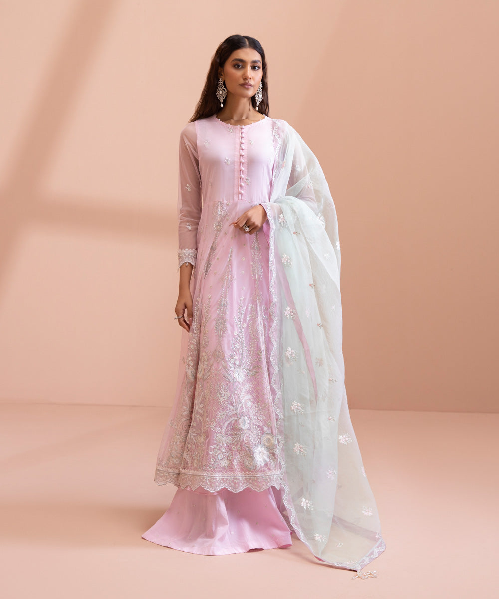 3 Piece - Dyed Embroidered Blended Net Suit