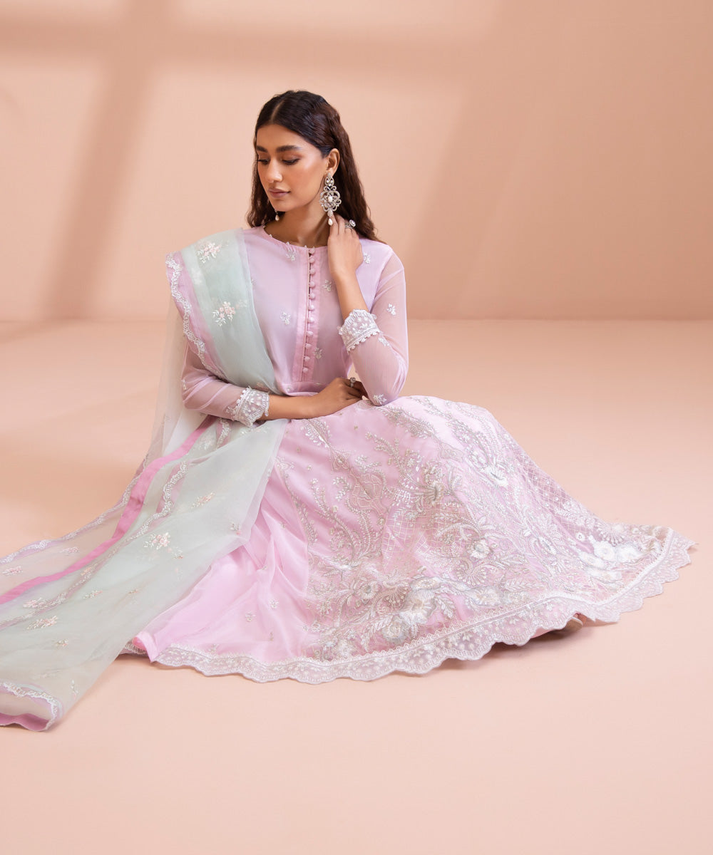 3 Piece - Dyed Embroidered Blended Net Suit