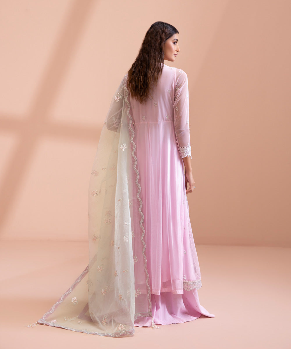 3 Piece - Dyed Embroidered Blended Net Suit