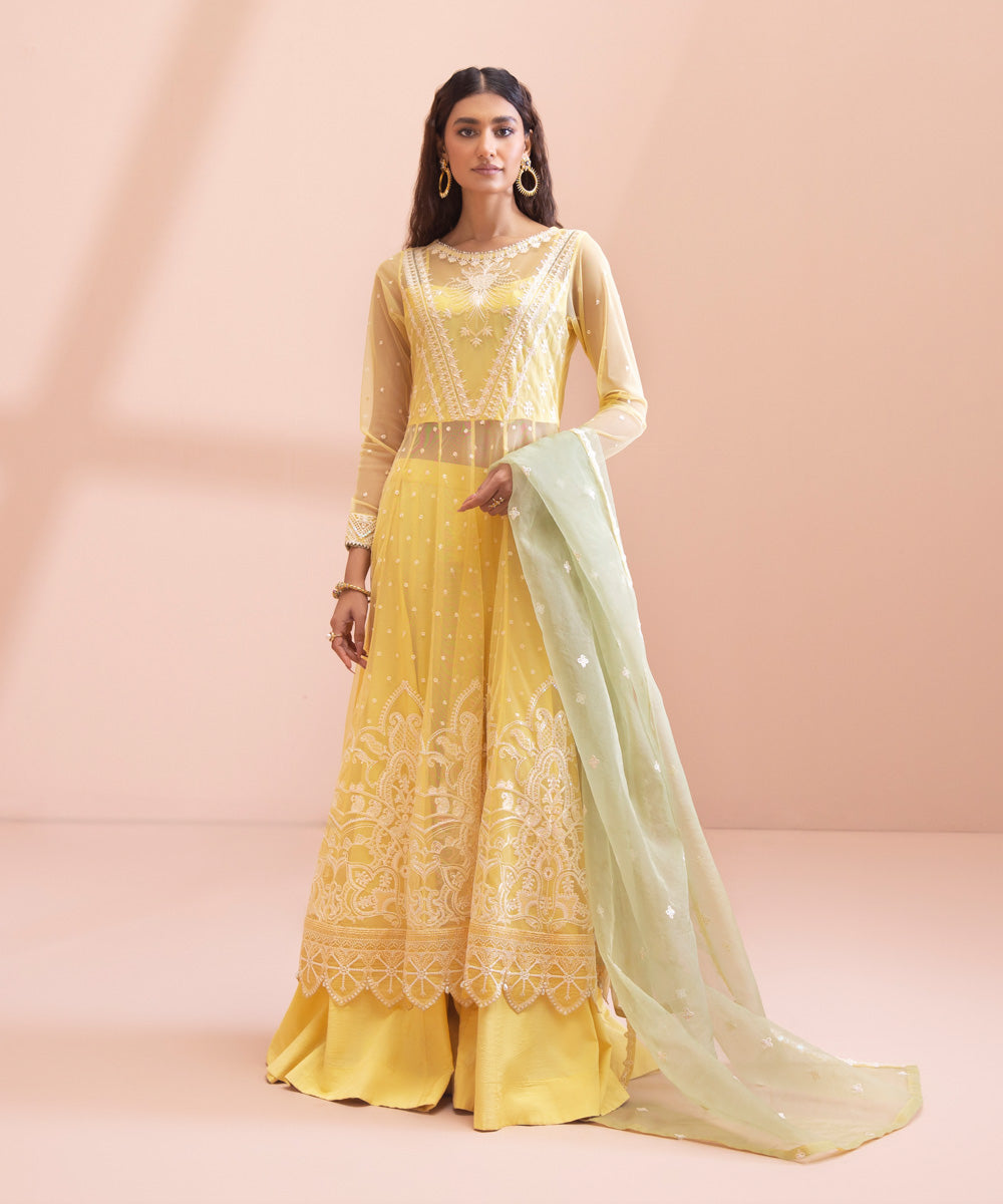 3 Piece - Dyed Embroidered Blended Net Suit