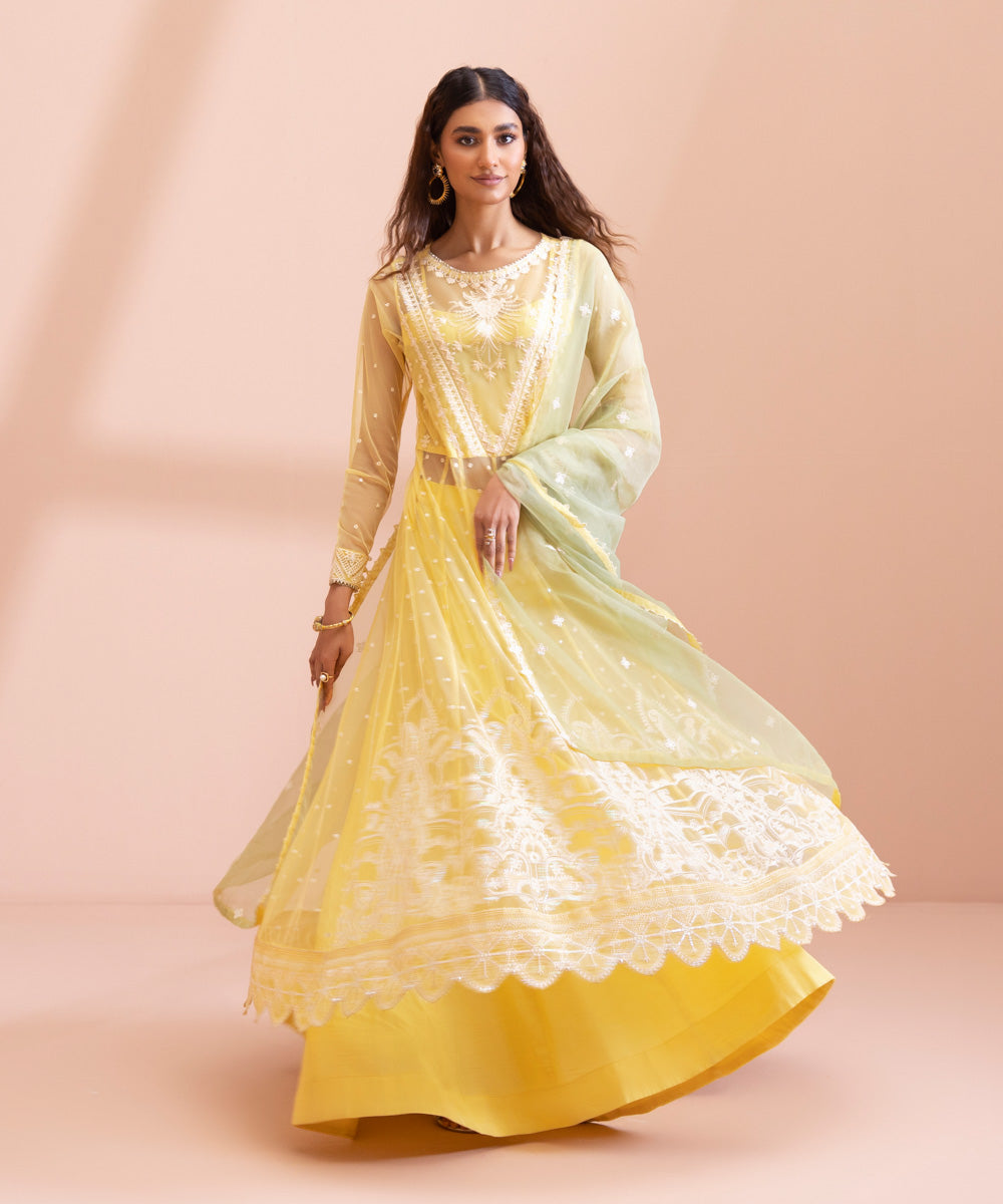 3 Piece - Dyed Embroidered Blended Net Suit