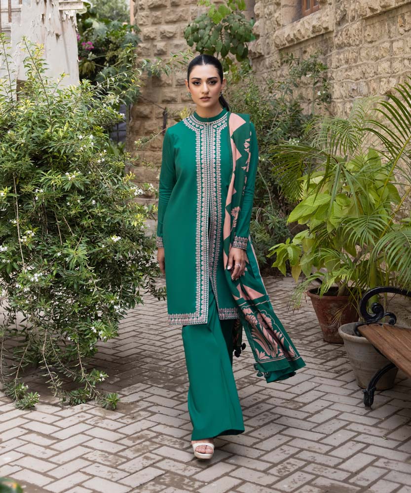 3 Piece - Embroidered Cotton Satin Suit