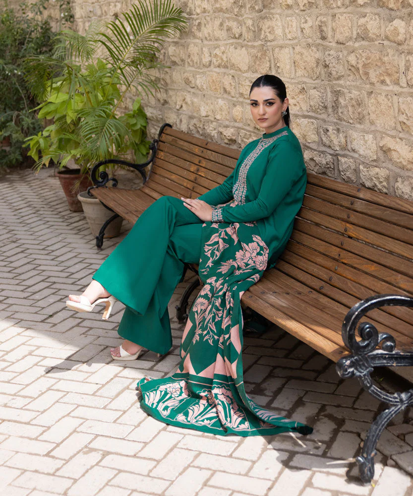 3 Piece - Embroidered Cotton Satin Suit