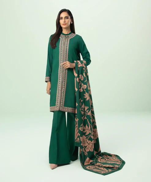 3 Piece - Embroidered Cotton Satin Suit