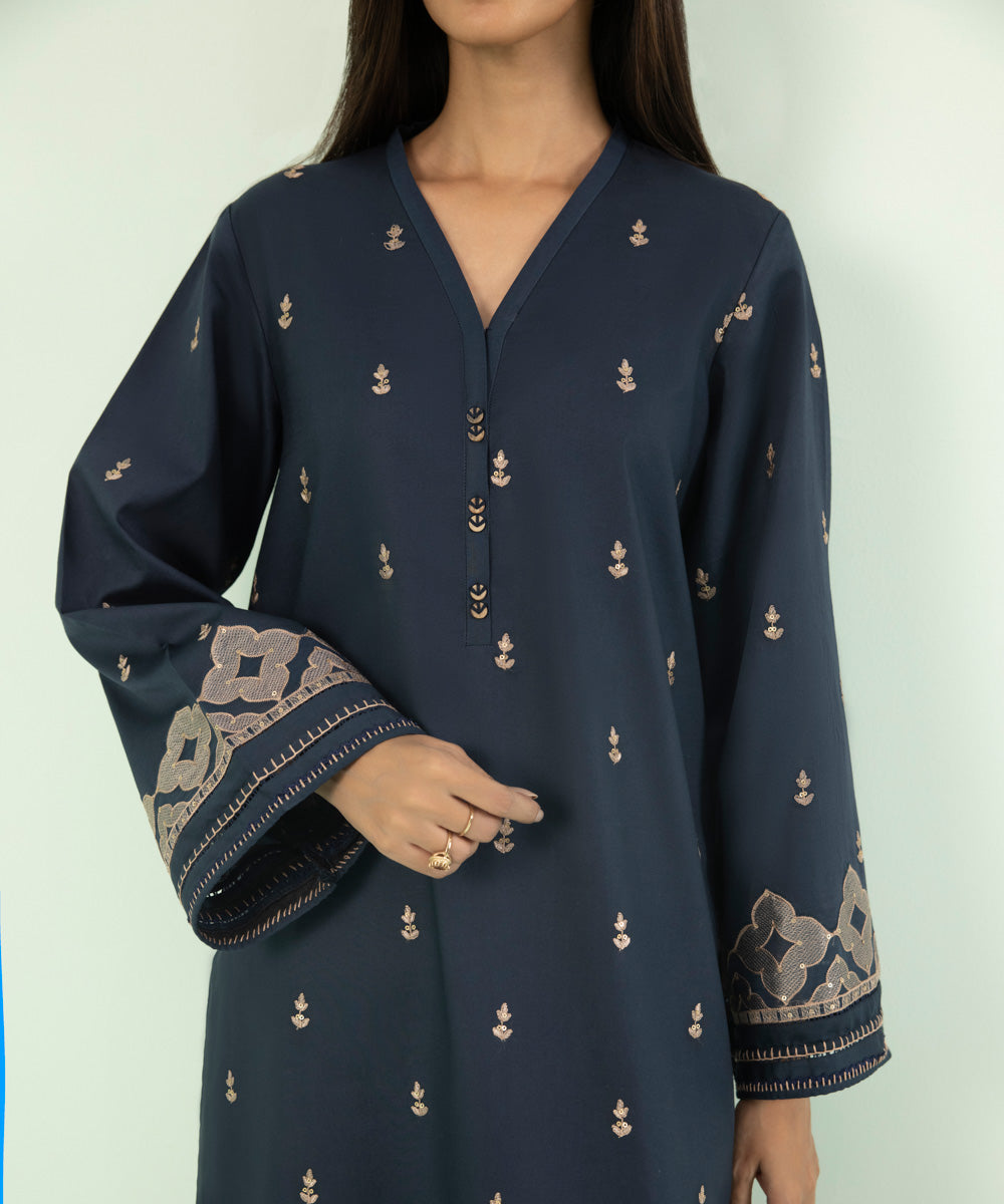 3 Piece - Embroidered Cotton Satin Suit
