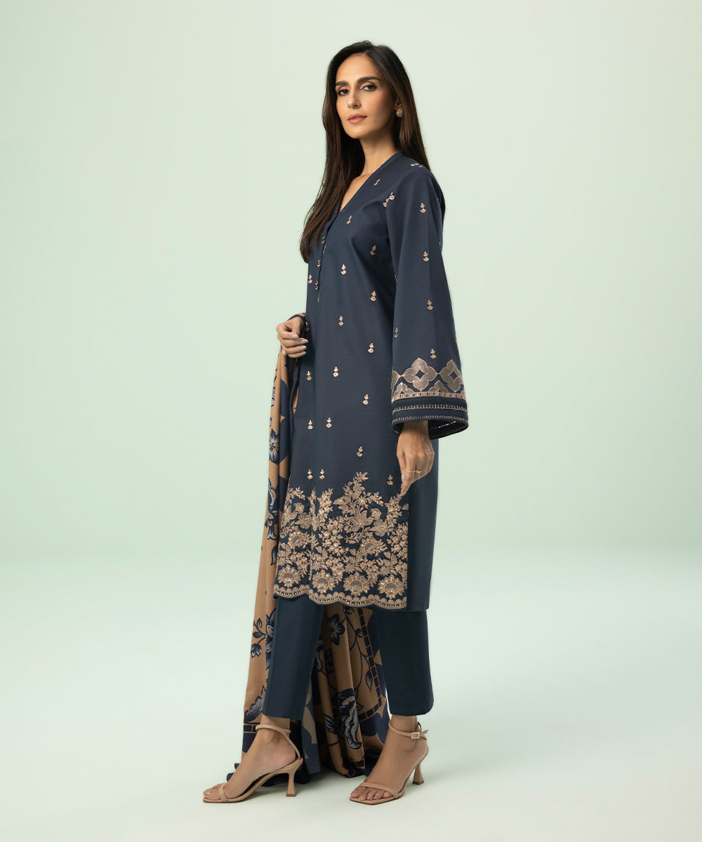 3 Piece - Embroidered Cotton Satin Suit