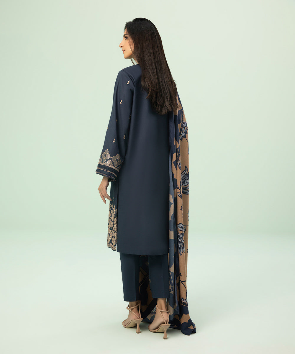 3 Piece - Embroidered Cotton Satin Suit