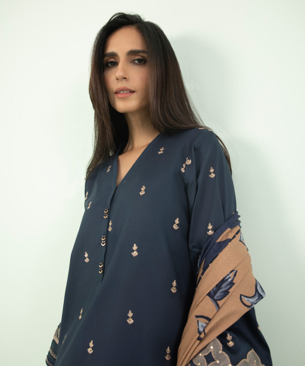 3 Piece - Embroidered Cotton Satin Suit