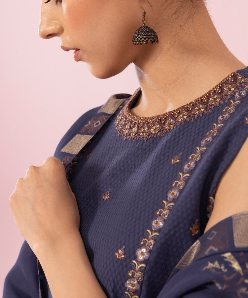 3 Piece - Embroidered Dobby Suit
